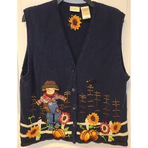 Bobbie Brooks Fall Cardigan Sweater Vest Womens XL Scarecrow Sunflowers Pumpkins